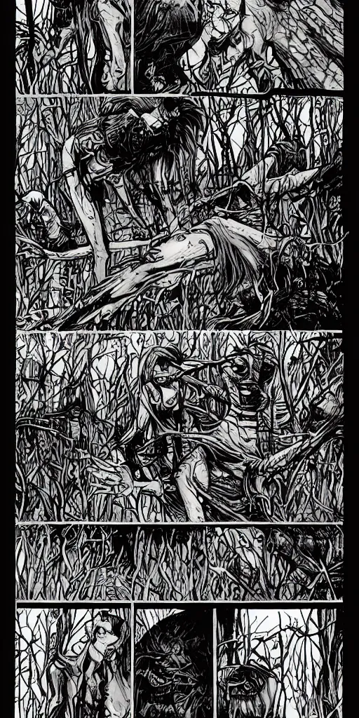 Prompt: multi - panel page from a highly detailed horror comic. swamp. woman. creature. terror. ink.