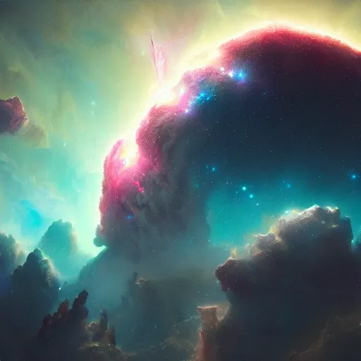 Image similar to epic nebula, by greg rutkowski, sung choi, photo realistic, 8 k, cinematic lighting, hd, atmospheric, hyperdetailed, trending on artstation, devainart, digital painting, glow effect