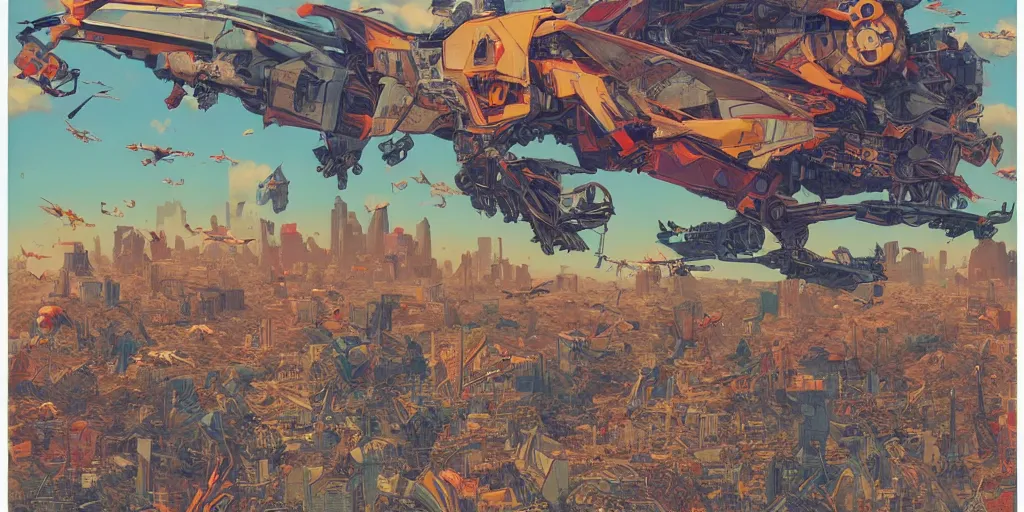 Image similar to gigantic mecha arzach birds with bombs, human faces catch tiny rats, a lot of exotic animals around, big human faces everywhere, helicopters and tremendous birds, risograph by satoshi kon and moebius, matte bright colors, surreal design, super - detailed, a lot of tiny details, fullshot