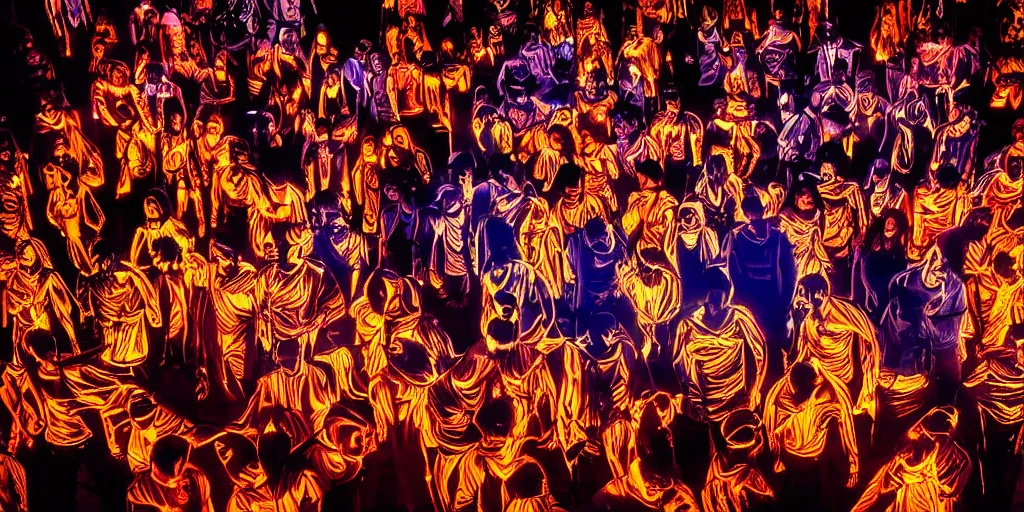 Image similar to love, overlays superposition of groups of people with glowing bodies, from behind, rebirth, wide angle, cinematic atmosphere, elaborate, highly detailed, vivid colors, dramatic lighting