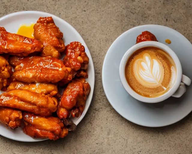 Prompt: hot wings covered in cheese next to a cup of coffee , Cinematic shot, 8k resolution