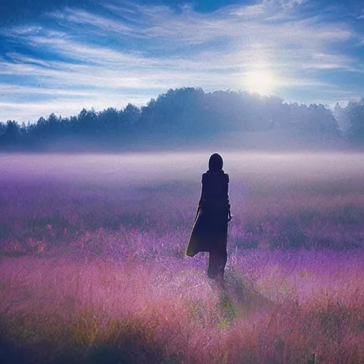 Image similar to fantasy art of a clear day in a field with a person made out of mist
