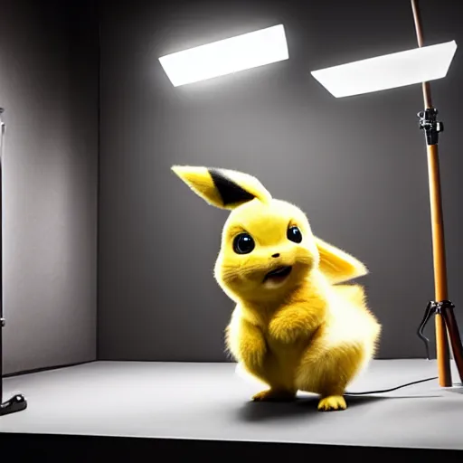 Image similar to model cute detective pikachu sneezing at a model photoshoot studio lighting by annie leibovitz