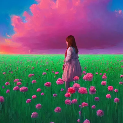 Image similar to face made of carnations flower, girl standing in a flower field, surreal photography, sunrise dramatic light, impressionist painting, colorful clouds, digital painting, artstation, simon stalenhag, flower face
