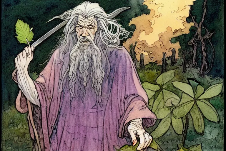 Image similar to a realistic and atmospheric watercolour fantasy character concept art portrait of gandalf with pink eyes freaking out with a pot leaf nearby, by rebecca guay, michael kaluta, charles vess and jean moebius giraud