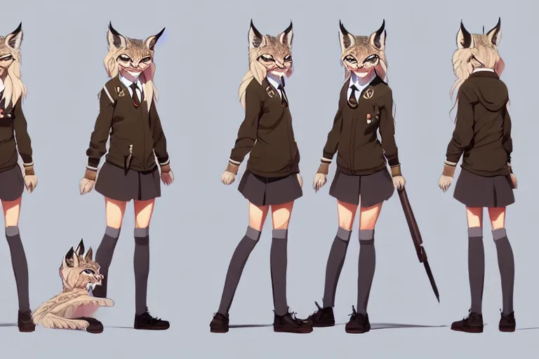 Image similar to character sheet of attractive female lynx fursona, magic school uniform, blonde hair, by greg rutkowski and studio ghibli, digital art, trending on artstation, highly detailed, concept art, beautiful, masterpiece