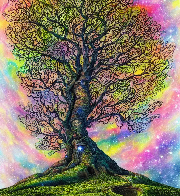 Prompt: a wlop 3 d render of very very very very highly detailed beautiful colorful mystic portrait of a tree on a hill with whirling galaxy around, tattoos by anton pieck, intricate, extremely detailed, digital painting, artstation, concept art, smooth, sharp focus, illustration, intimidating lighting, incredible art,