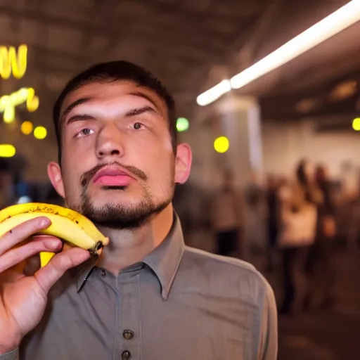 Prompt: flash photography of a high guy staring intently at a banana