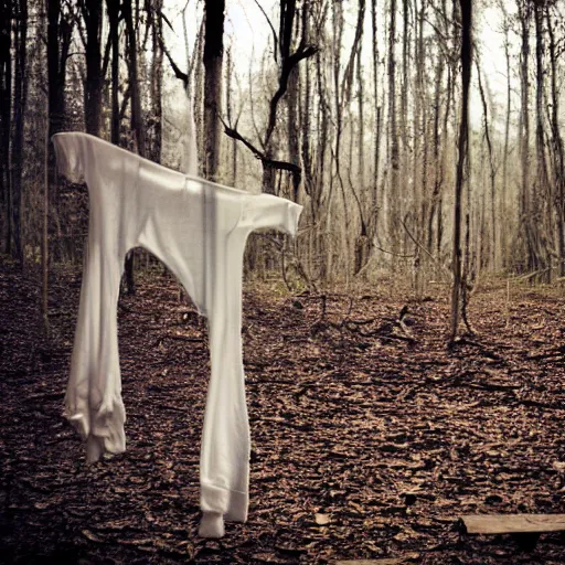 Image similar to clothes on a hanger in a lonely eery forest, fever dream, award winning photography, dreamcore, weirdcore