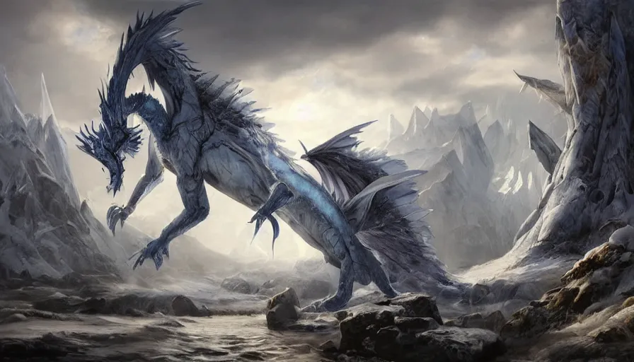 Image similar to epic ice dragon with trendy shapes in a nordic landscape under bright daylight with fluffy clouds, set in the words of the Forgotten Realms and Guildwars2, painted by Hans Fredrik Gude, Greg Rutkowksi and Artgerm, concept art 2022, ultra realistic masterpiece, contrasting details vs blank areas, oil on canvas