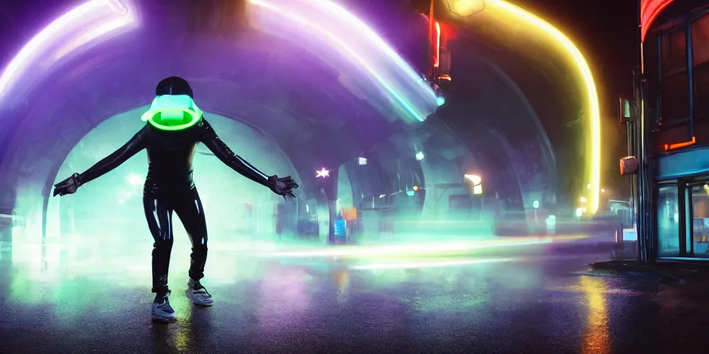 Prompt: cinematic camera wide angle of slow motion film still of futuristic break dancer wearing latex with neon lights, long exposure shot , at night in the middle of a rainy and foggy street, paddle of water, water splashes, rim lights, glossy reflections, water droplets on lens, octane render, detailed and soft, by laurie greasley