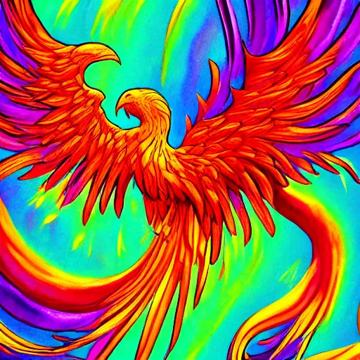 Prompt: artwork of a rainbow coulored phoenix, highly detailed, artstation, smooth illustration