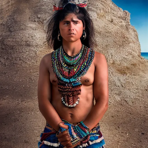 Image similar to portrait of a young mayan jaguar warrior, beach pic, depth of field, zeiss lens, detailed, symmetrical, centered, fashion photoshoot, by annie leibovitz and steve mccurry, david lazar, jimmy nelsson, breathtaking, 8 k resolution, extremely detailed, beautiful, establishing shot, artistic, hyperrealistic, beautiful face, octane render