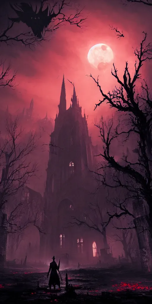 Image similar to abandoned bloodborne old valley with a person at the centre and a ruined gothic city at the emd, trees and stars in the background, bats in the sky, falling red petals, epic red - orange moonlight, perfect lightning, wallpaper illustration by niko delort and kentaro miura, 4 k, ultra realistic