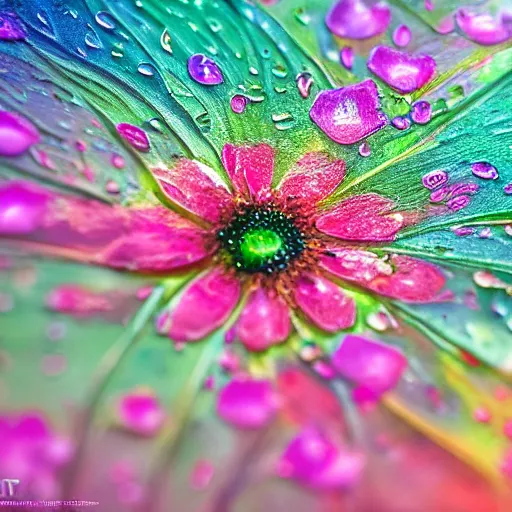 Image similar to a fantasy flower with petals and leafs, dew, water drops, ultra detailed, sunrise, close up, macro, hyper colorful, trending on artstation