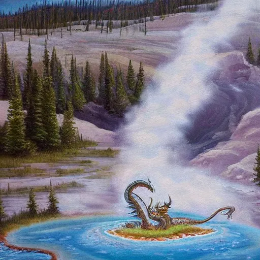 Prompt: dragon sitting in a hotspring at yellowstone national park, highly detailed oil painting, featured on artstation