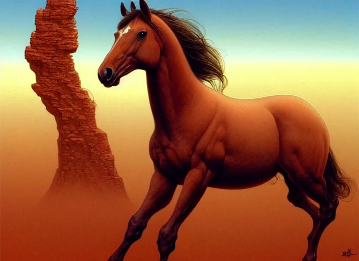 Image similar to horse standing in desert, intricate, elegant, highly detailed animal, digital painting, artstation, concept art, smooth, sharp focus, illustration, art by artgerm, bob eggleton, michael whelan, stephen hickman, richard corben, wayne barlowe, trending on artstation and greg rutkowski and alphonse mucha, 8 k