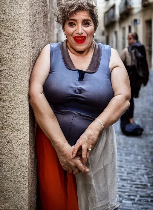 Prompt: Mid-shot portrait of beautiful Spanish 50-year-old woman model, chubby, with lovely look, happy, candid street portrait in the style of Martin Schoeller award winning, Sony a7R