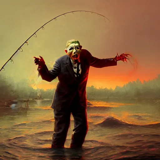 Image similar to UHD photorealistic Cosmic Zombie Alfred E. Newman fishing in a radioactive lake of fire, in the style of tonalism by Greg Rutkowski