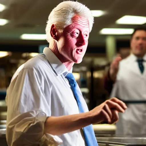 Image similar to first picture of bill clinton cameo as a mcdonald's worker in new movie, ( eos 5 ds r, iso 1 0 0, f / 8, 1 / 1 2 5, 8 4 mm, postprocessed, crisp face, facial features )