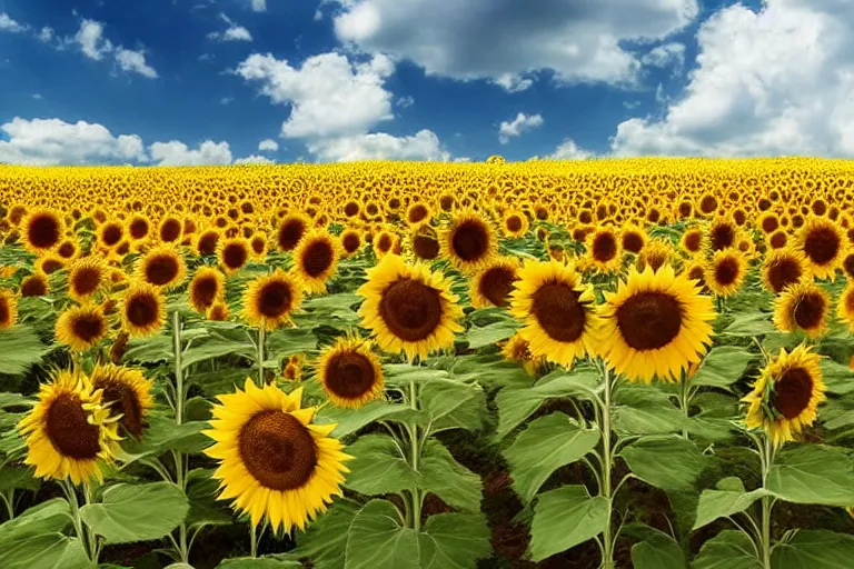 Image similar to portrait, photo of a dragonite smiling at the camera, beautiful, scene : sunflower field, colors : yellow sunflowers, cloudy sky, in a style of real - life natural photo