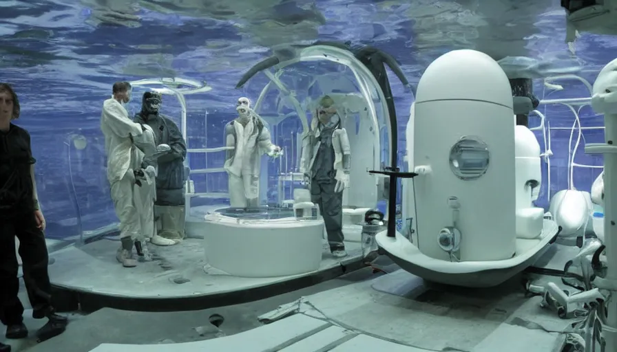 Prompt: Big budget horror movie, a small submarine approaches an undersea biolab run by cyborgs