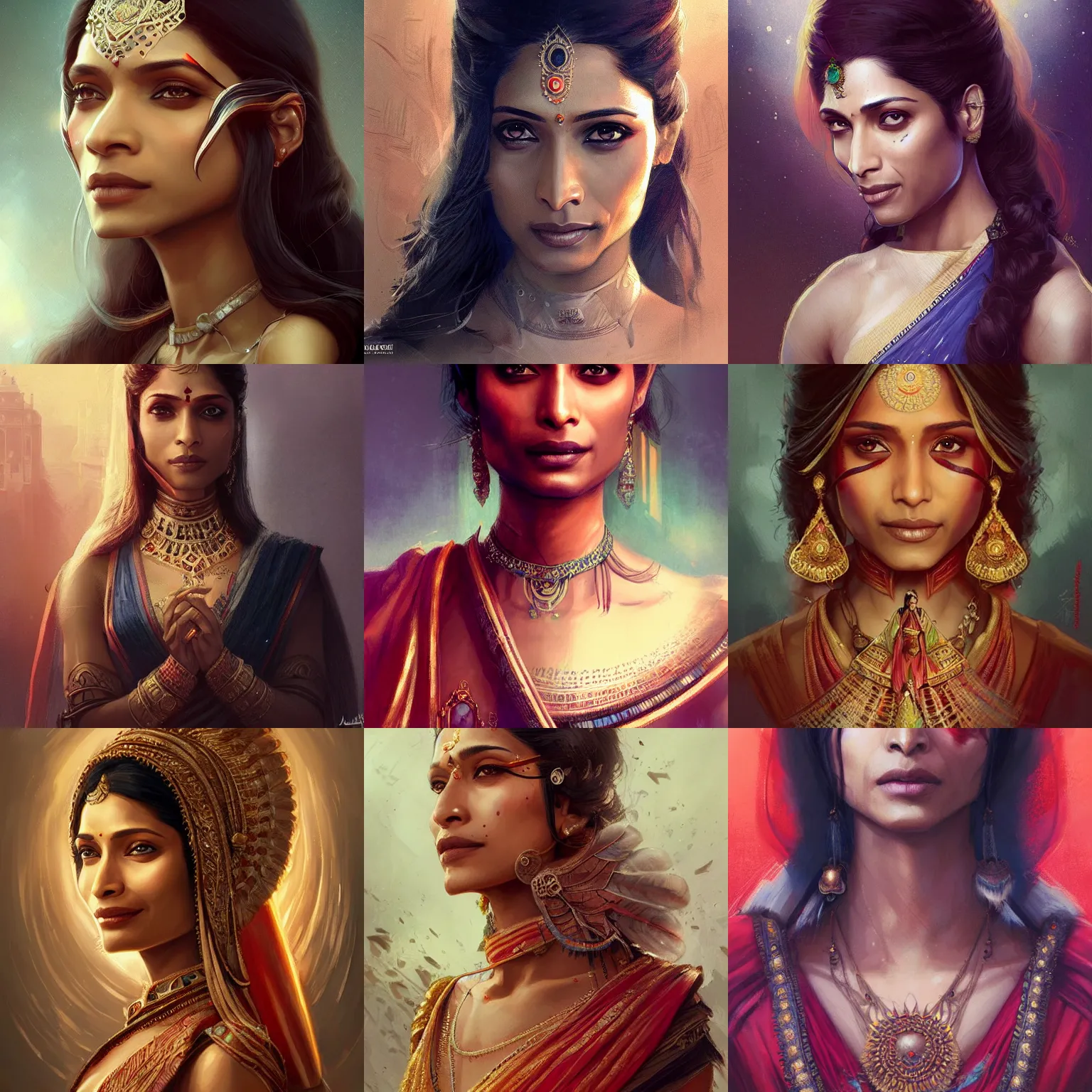 Prompt: indian empress, freida pinto, art by artgerm and greg rutkowski and magali villeneuve, portrait, highly detailed, headshot, intricate, elegant, digital painting, trending on artstation, concept art, sharp focus, illustration