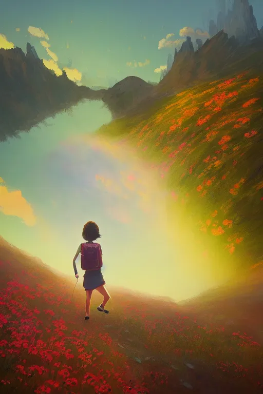 Image similar to giant daisy flower head, girl hiking in the mountains, surreal photography, sunrise, dramatic light, impressionist painting, colorful clouds, digital painting, artstation, simon stalenhag