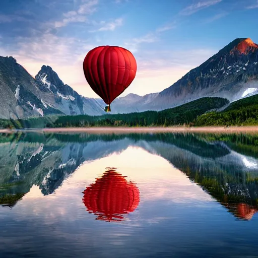 Image similar to photo of two black swans touching heads in a beautiful reflective mountain lake, a colorful hot air balloon is flying above the swans, hot air balloon, intricate, 8k highly professionally detailed, HDR, CGsociety