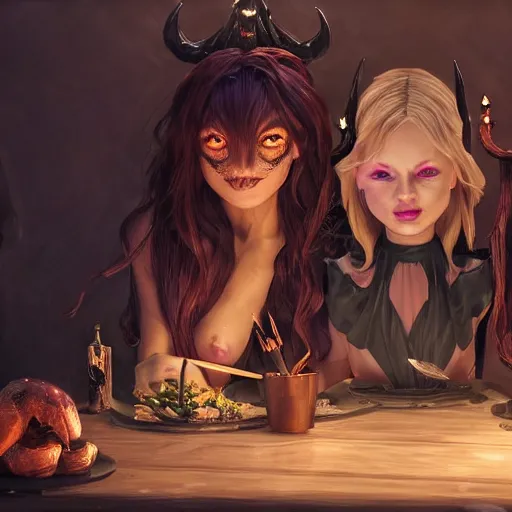 Prompt: dark witches doing a ritual at a table wide angle, fine details, cinematic. galaxy starscape. realistic shaded lighting by Ilya Kuvshinov Giuseppe Dangelico Pino and Michael Garmash and Rob Rey greg rutkowski, octane render, IAMAG premiere, aaaa achievement collection, elegant freckles, cinematic hologram, fabulous, daily deviation, 4k, 8k, annual award winner