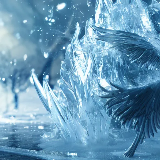 Image similar to a phoenix trapped in ice breaking through, cinematic lighting ultra detail ultra realistic photo realistic octane render 4k