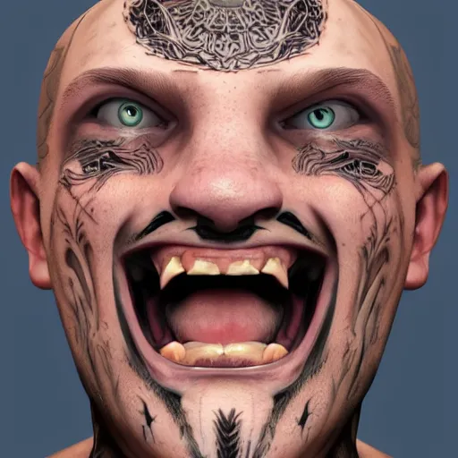 Prompt: tatted man laugh on camera. matte, facial features, symmetrical anatomy, hyperdetailed, digital art, baroque, pop punk art style, fantasy, full body pictures, without duplication, art by artgerm and ilya kuvshinov and vinicius gud and gustavo zambelli, intricate, octane render.