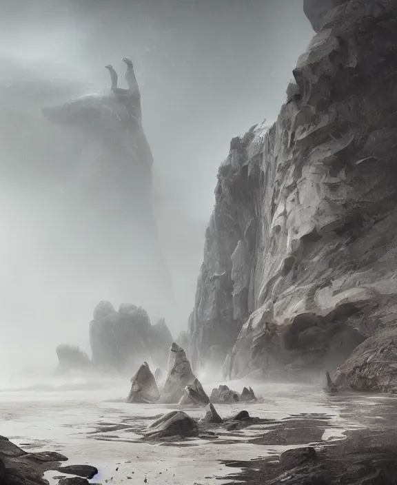 Image similar to surreal epic, masterpiece, romantic prometheus white exploration base, ancient ochre palette, building architecture by ruan jia, mecha floor, futuristic, blame, white architecture in the beach in iceland, foggy, highly detailed, digital painting, arstation, concept art, hyperealistic octane render, unreal engine