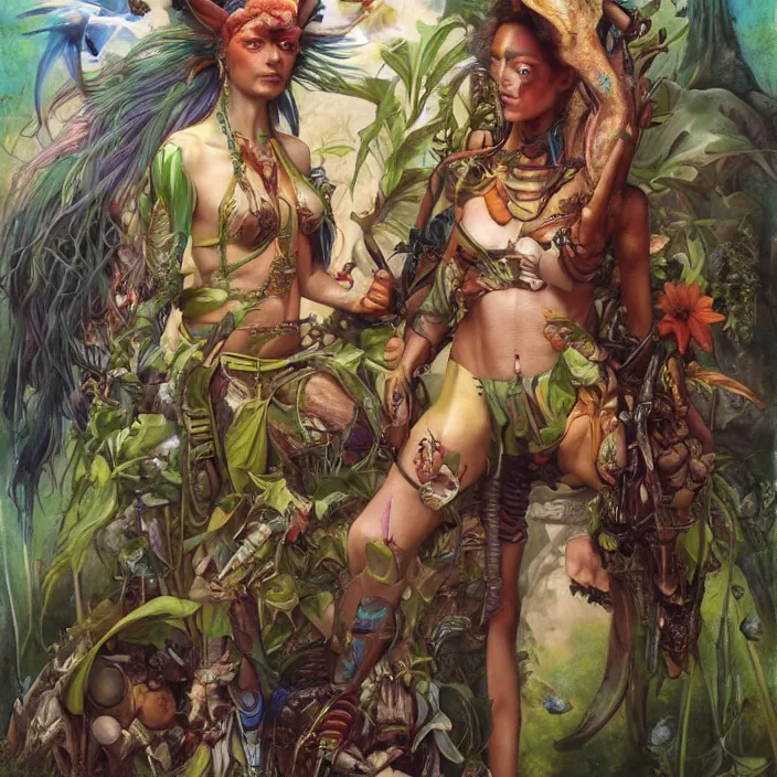 Prompt: a portrait photograph of a colorful tropical female alien. she wearing a tactical suit and has many body modifications. by tom bagshaw, donato giancola, hans holbein, walton ford, gaston bussiere, brian froud, peter mohrbacher and magali villeneuve. 8 k, fashion editorial, cgsociety