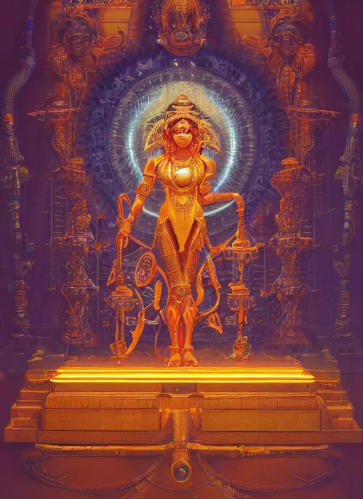 Image similar to cybertronic shiva statue in a hindu temple, futuristic, neal ashermiles johnston kuroda realism ozabu john william godward, painterly, yoshitak, sci - fi, cyberpunk, artstation, conceptual, hyperdetailed, donato giancola, james gurney, neon lights, mood lighting, rust