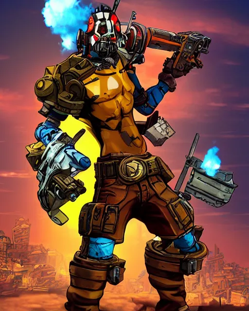 Image similar to cel - shaded gunzerker salvador from borderlands 2, airbrush, drew struzan illustration art, key art, movie poster