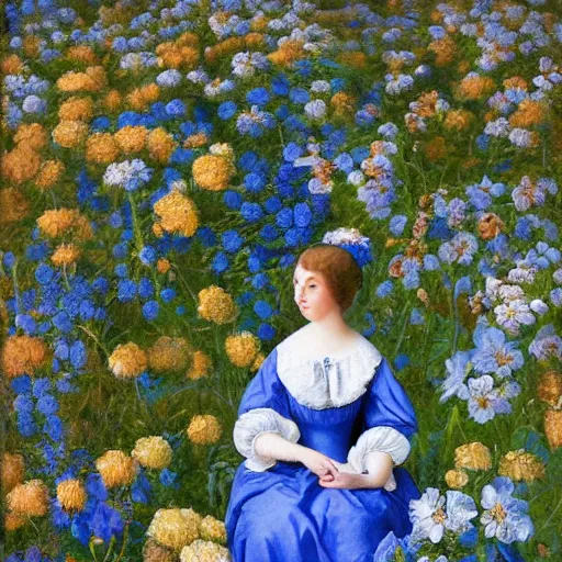 Prompt: a woman in a blue and white dress sitting in a garden of blue flowers, a photorealistic painting by hubert van eyck, featured on cg society, art photography, made of flowers, whimsical, detailed matte painting