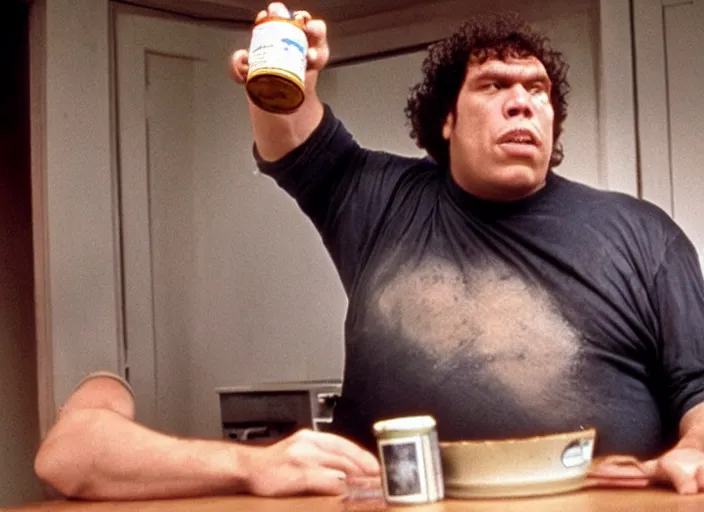 Image similar to film still of Andre the Giant eating a can of beans in the new Sleepless in Seattle movie, 4k