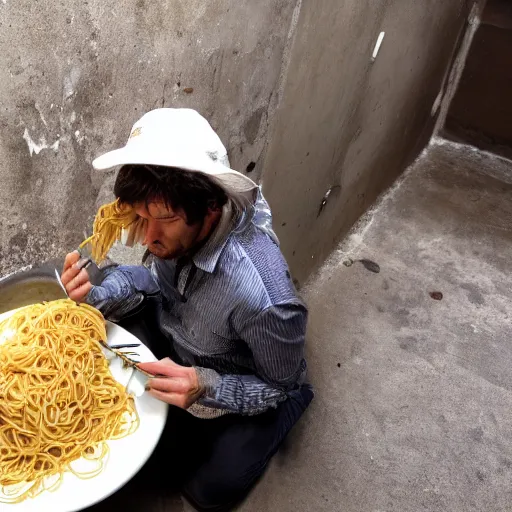 Image similar to The Impostor from Among Us eating Pasta in the sewers.