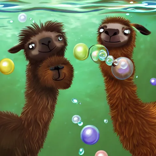 Image similar to llama and sloth underwater blowing bubbles