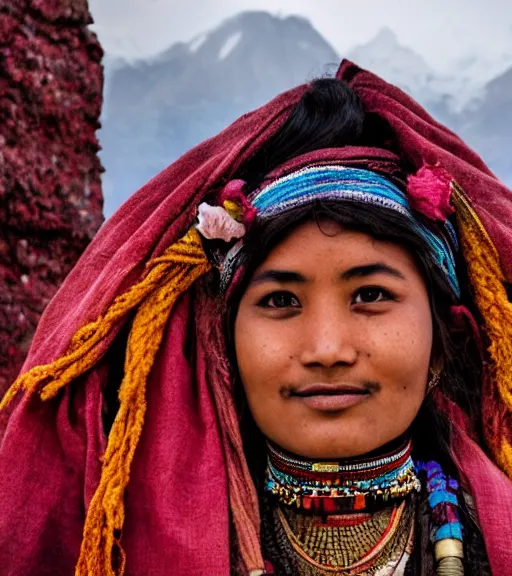 Prompt: vintage_portrait_photo_of_a_beautiful_nepalese_maiden in the himalayan mountains