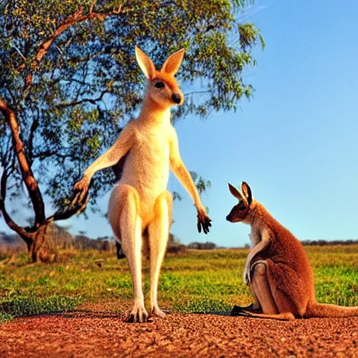 Prompt: a kangaroo and a very cute white rural dog photograph, high quality, award winning, National Geographic