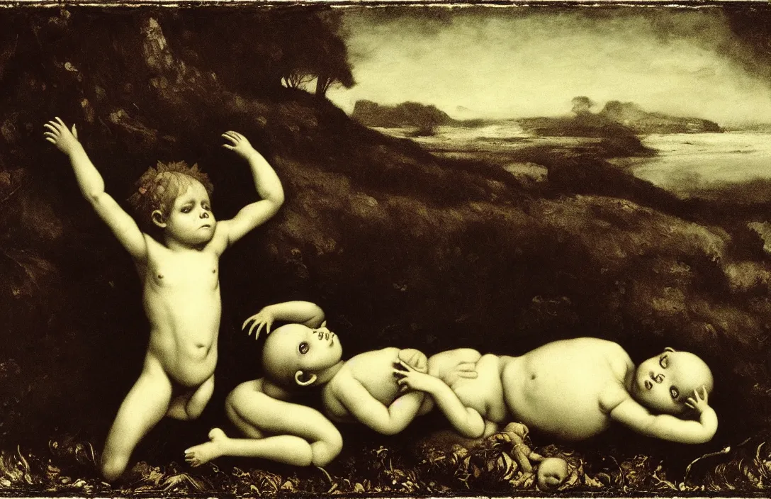 Image similar to implicit link is made between a jocund baby faun first contact sense of humanity detail of a past world intact flawless ambrotype from 4 k criterion collection remastered cinematography gory horror film, ominous lighting, evil theme wow photo realistic postprocessing along the seashore photograph by robert adams gustave courbet and french realism