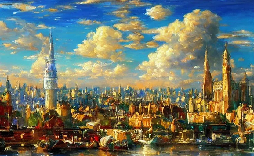 Prompt: Beautiful alchemy cityscpae, a big saturn is in the sky. By Konstantin Razumov, highly detailded