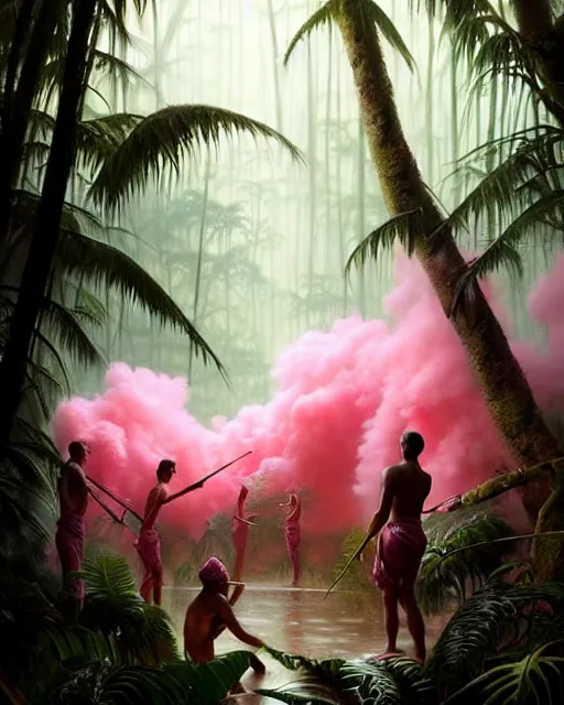 Image similar to a hyper - detailed 3 d render like an oil painting of tribe members in a tropical forest with pink smoke!!!!! surreal concept art, lifelike, photorealistic, digital painting, aesthetic, smooth, sharp focus, artstation hd, by greg rutkowski, bruce pennington, valentina remenar, rhads, asher duran,