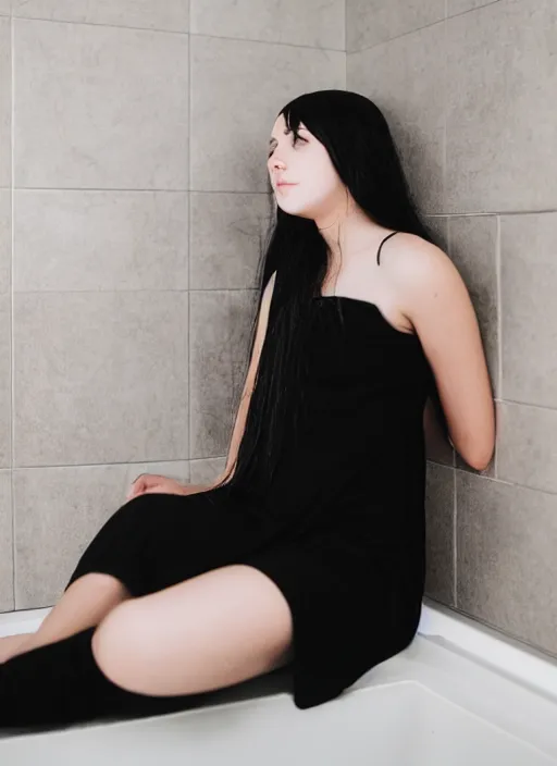 Prompt: a 1 4 year old girl with straight long black hair wearing black dress that sitting on bathroom floor