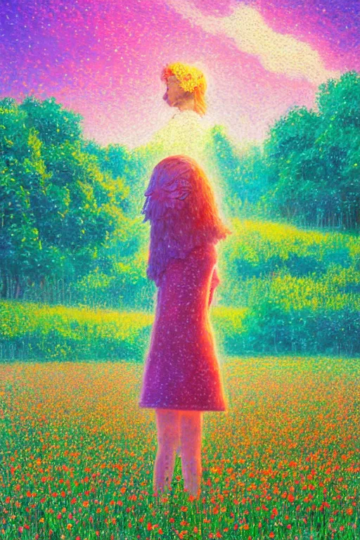 Image similar to flower growing out of girl head, standing in a flower field, big trees, sunrise dramatic light, impressionist painting, colorful clouds, digital painting, pointillism, artstation, simon stalenhag