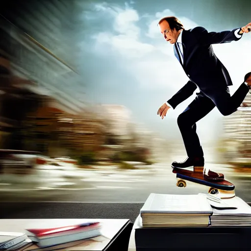 Prompt: saul goodman doing a kickflip across the judge's desk, movie film still, hq, hdr