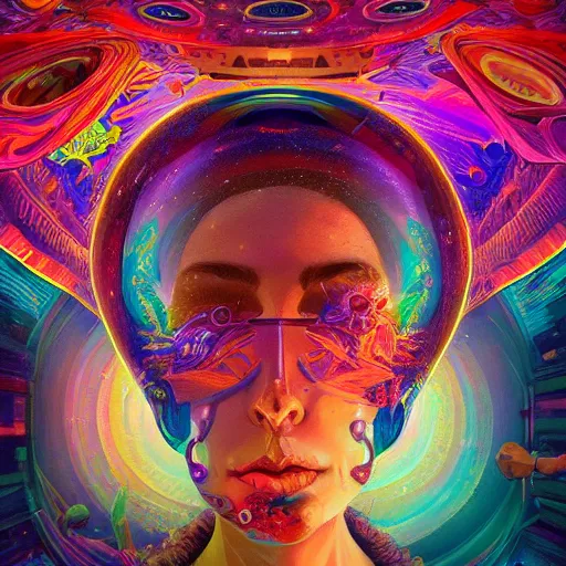 Image similar to An extremely psychedelic experience, colorful, surreal, dramatic lighting, cosmonaut, LSD, face, detailed, intricate, elegant, highly detailed, digital painting, artstation, concept art, smooth, sharp focus, illustration, art by Sam Spratt, Dan Mumford, Artem Demura and Alphonse Mucha