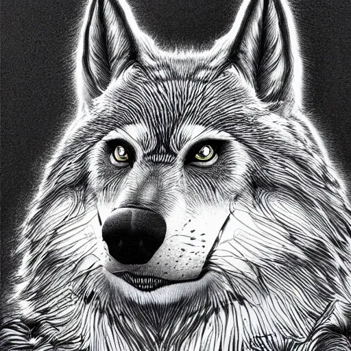 Prompt: pen line werewolf highly detailed crisp illustration art by ron spencer